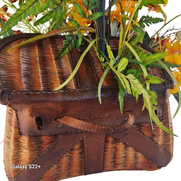 Artificial Floral Arrangement In Vintage Fishing Creel Wicker Basket With Leathe - Picture 5 of 14